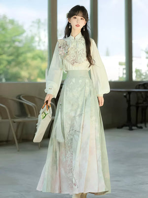 Beauty in the Painting – Autumn Hanfu-Inspired Ensemble | New Chinese Style Top & Dress Set - Yandan_Hanfu