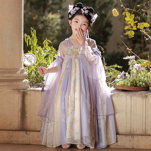 Elegant Tang Dynasty Purple Hanfu dress for girls featuring flowing chiffon layers and traditional hair accessories, perfect for summer occasions.