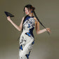 Velvet butterfly printing elastic cheongsam