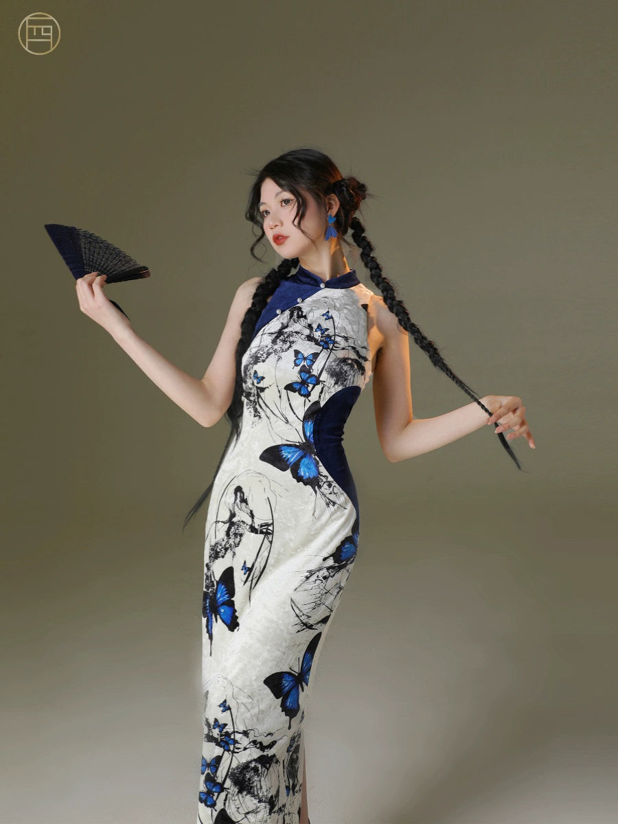 Velvet butterfly printing elastic cheongsam