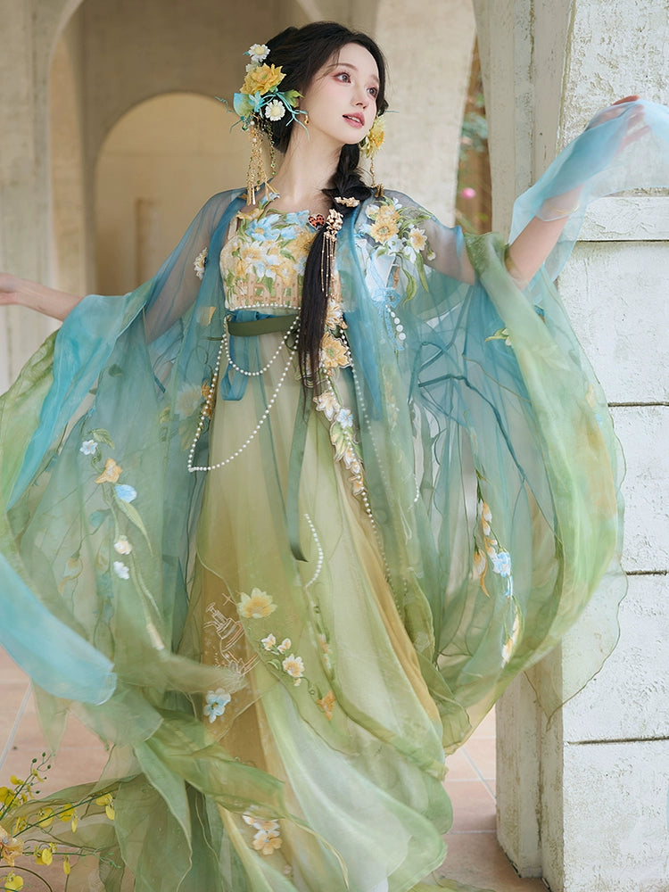 Blue & Green Hanfu Women's Large Sleeve Shirt Embroidery Spring and Summer