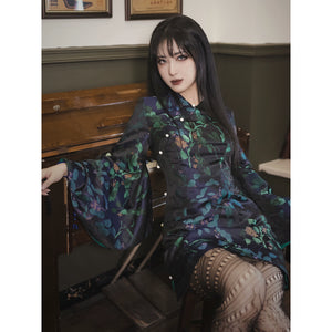 Retro black cheongsam short skirt with green floral jacquard design, bell sleeves, and a fitted silhouette. Perfect for vintage-inspired looks.