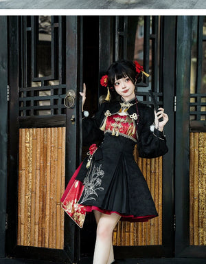 Lolita cheongsam suspender skirt set with a black jacket, red floral skirt, and gold embroidery, blending traditional Chinese fashion with modern style.