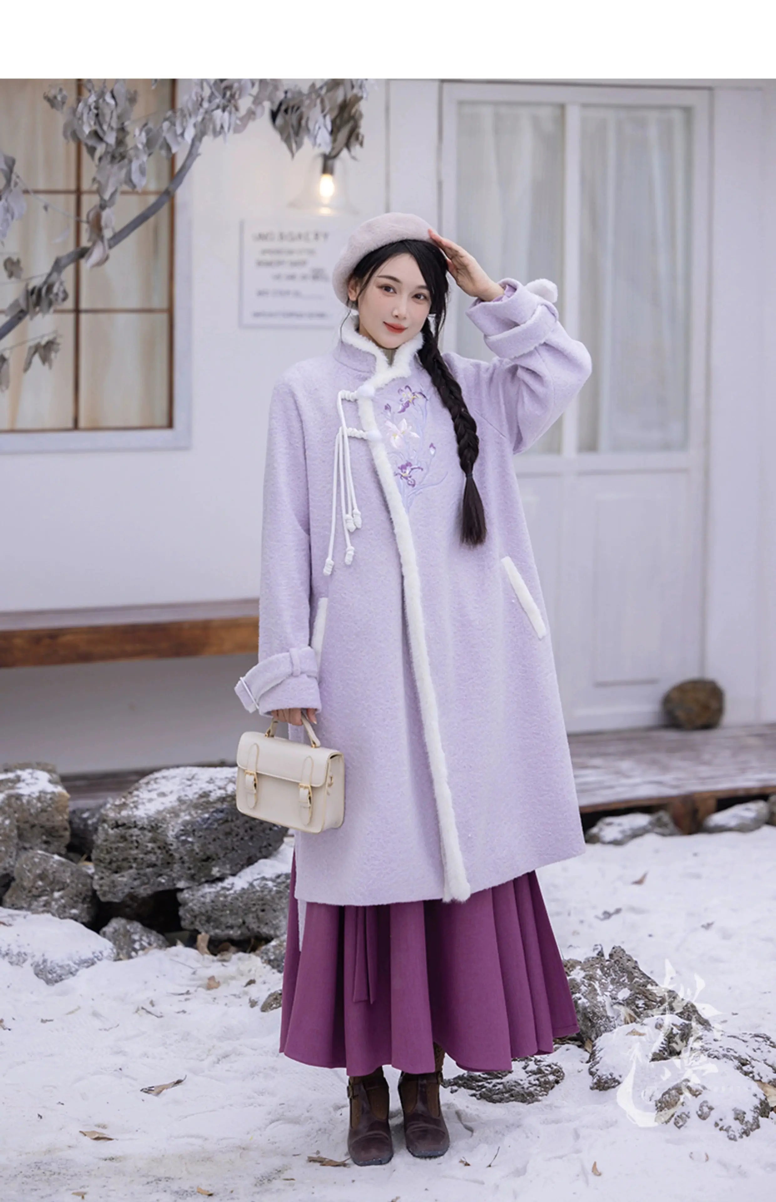 Winter Hanfu outfit with purple coat and skirt