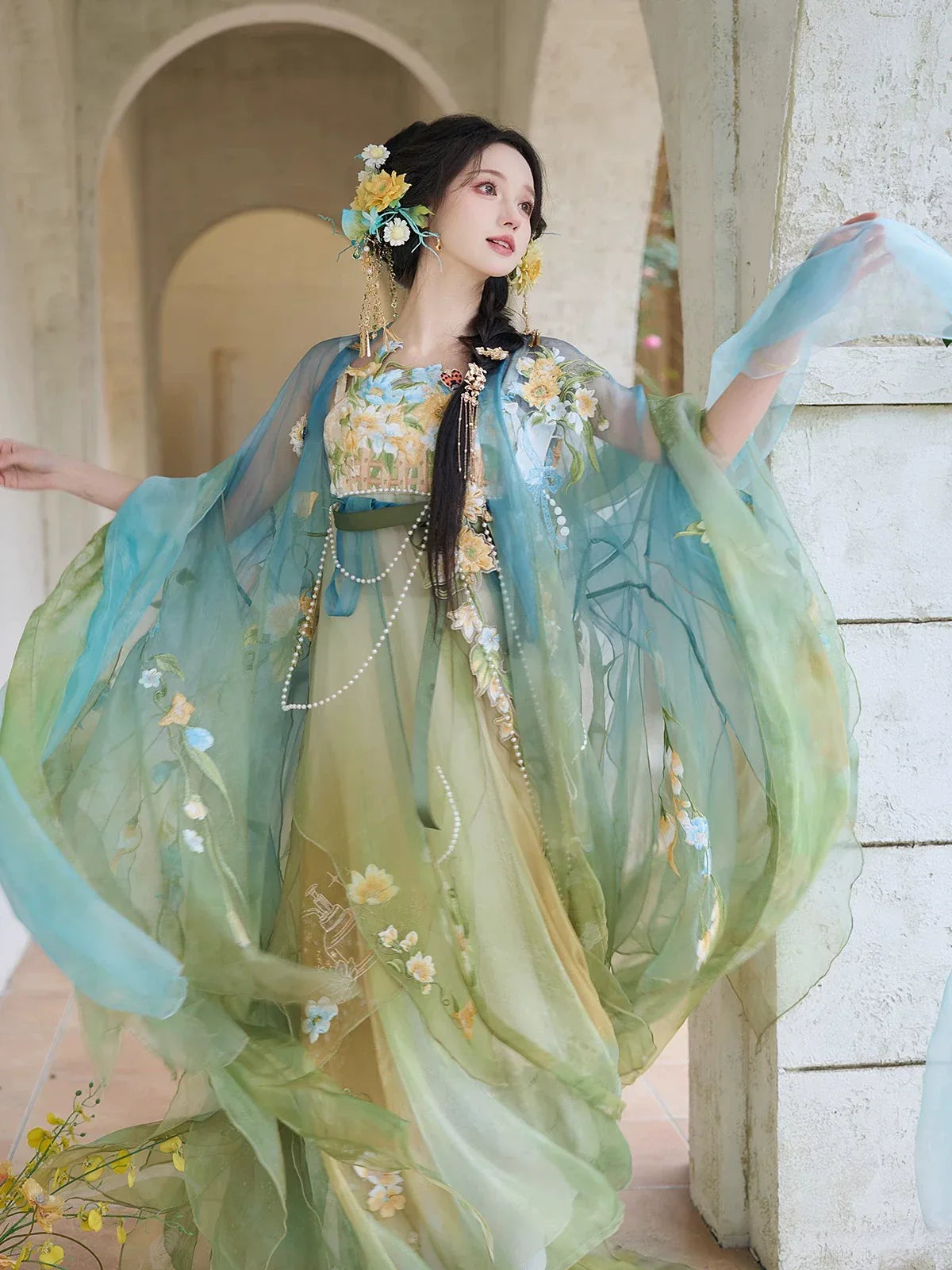 Blue & Green Hanfu Women's Large Sleeve Shirt Embroidery Spring and S Small Garden Full Set / M Blue & Green Hanfu Women's Large Sleeve Shirt Embroidery Spring and S Small Garden Full Set / M