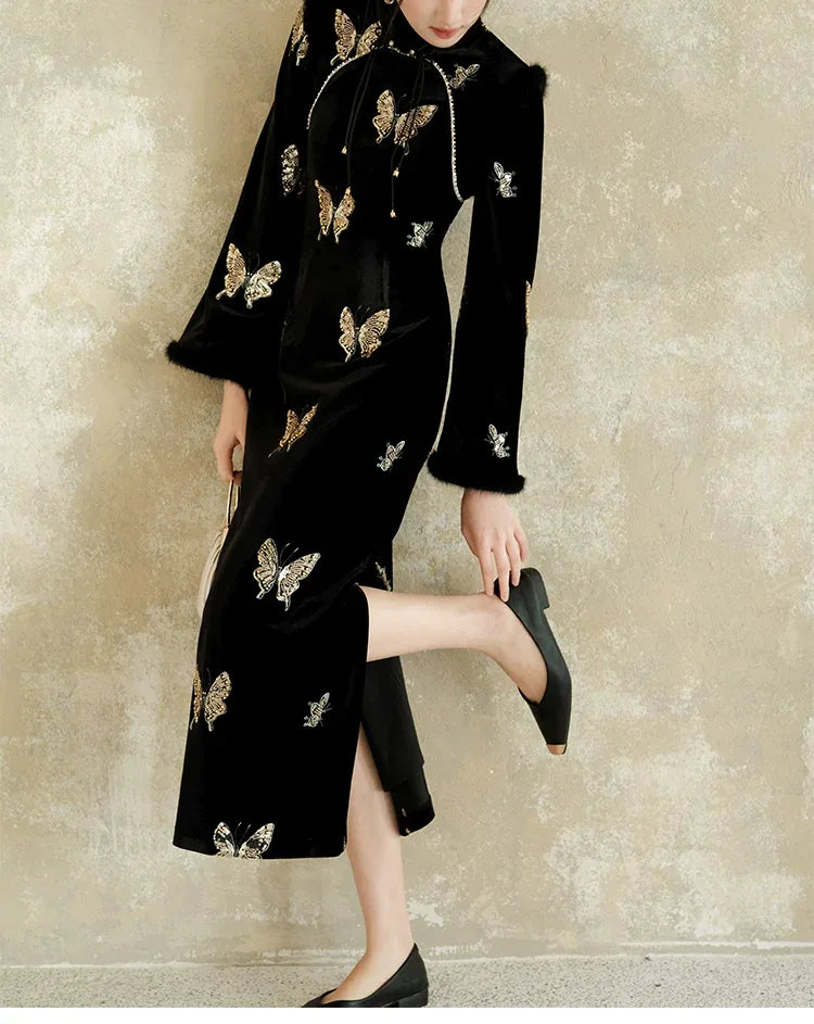 Black & Gold Velvet Cheongsam Modern Chinese Winter Dress with Butt Zhu Mo / M Black & Gold Velvet Cheongsam Modern Chinese Winter Dress with Butt Zhu Mo / M