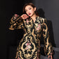 Modern jacquard Cheongsam blazer dress with detailed gold embroidery.