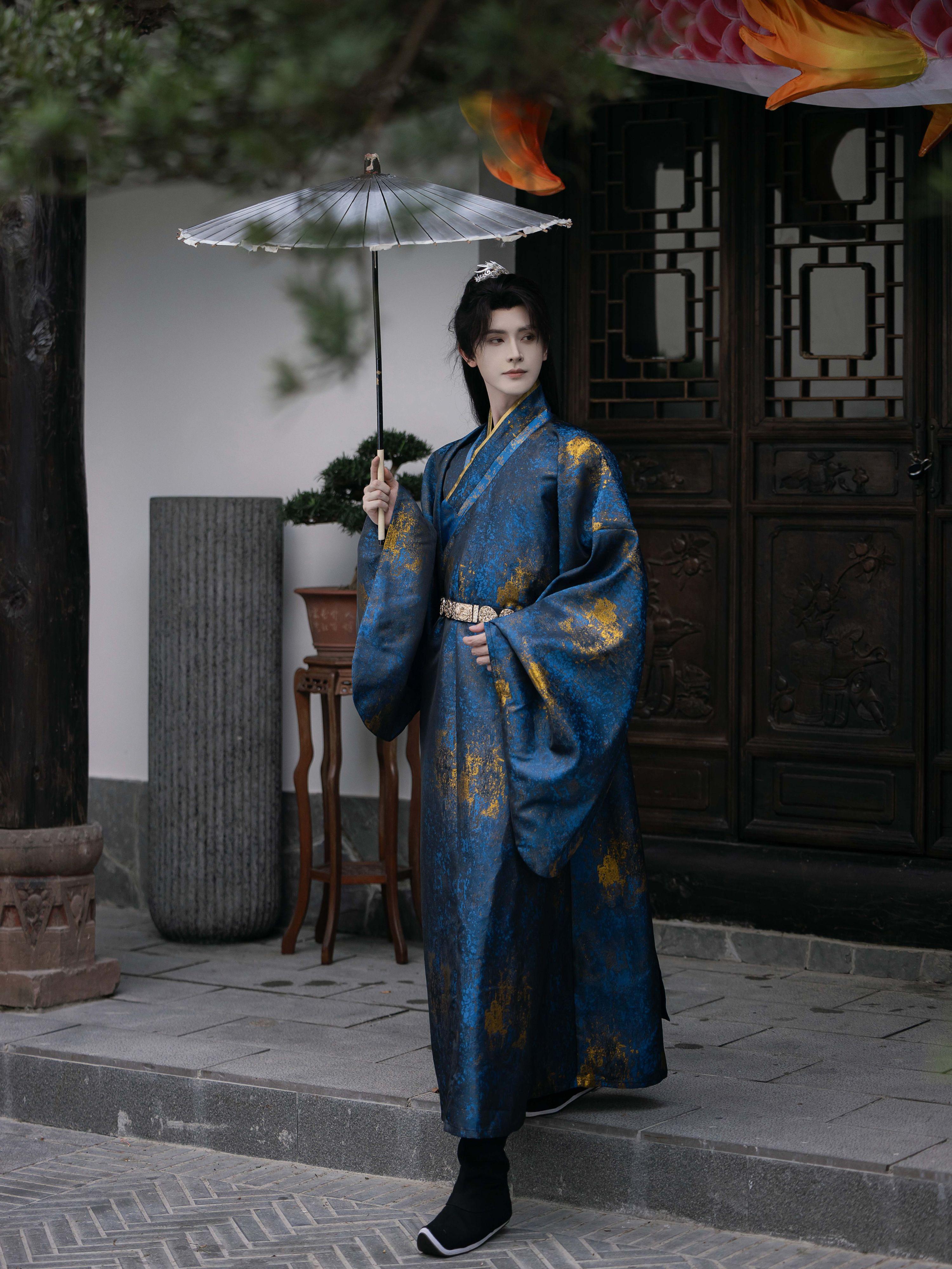 [Galaxy] Weaving gold splashing ink blue gold Ming wide-sleeved Taoist robe men's Hanfu bronzing Chinese style