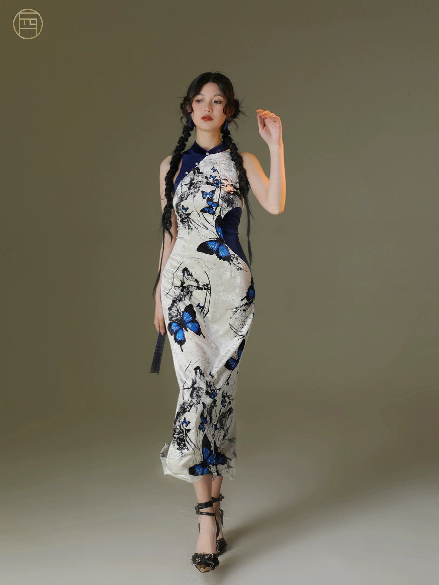 Velvet butterfly printing elastic cheongsam