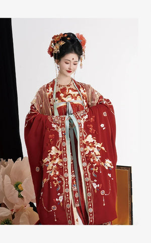 Authentic Tang-Style Bridal Hanfu – Custom Embroidered Red Gown with Flowing Grand Sleeves - Yandan_Hanfu