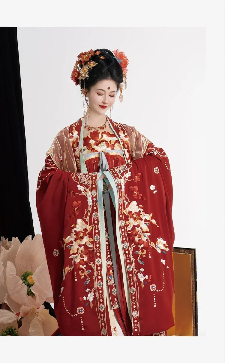 Authentic Tang-Style Bridal Hanfu – Custom Embroidered Red Gown with Flowing Grand Sleeves - Yandan_Hanfu