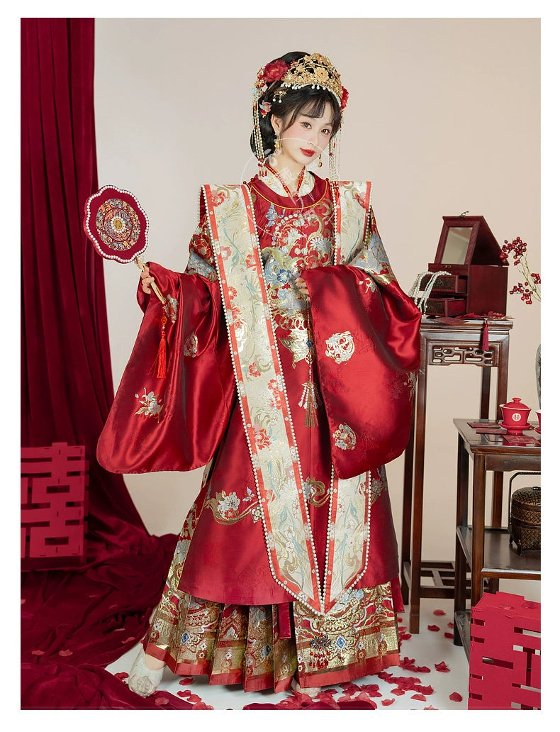 Cloud Hidden Moon Embroidery-Gilt Ming-Dynasty Flower Crew Neck Robe Wedding Clothing Hanfu Women's Spring