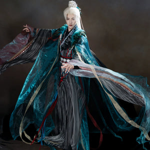 Peacock blue and iridescent layered xianxia outfit — worn garment view 4