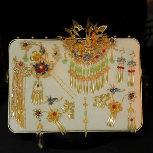 Full bridal hairpin accessory set with antique Chinese butterfly and tassel designs, displayed for elegant wedding styling.