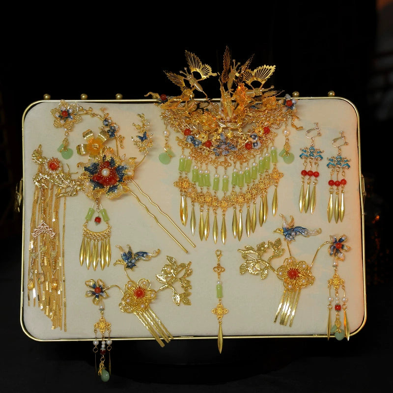 Full bridal hairpin accessory set with antique Chinese butterfly and tassel designs, displayed for elegant wedding styling.