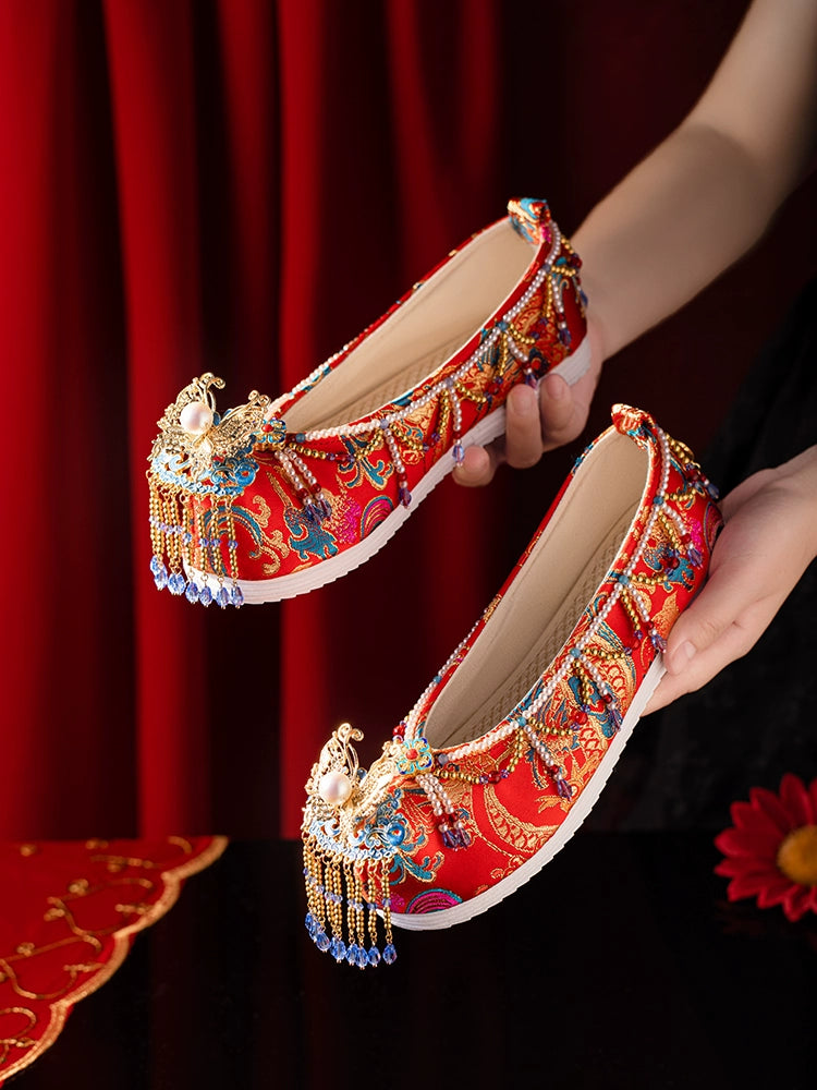 Sankeng Xiuhe Wedding Shoes Women's Customized Tassel Luxury Chinese Wedding Hanfu Shoes Wedding Flat Bow Shoes