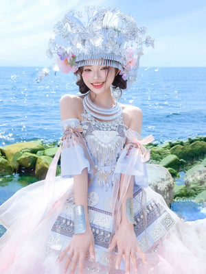 Smiling model in Pink Miao Clothing Women's Summer Cake Green Dress with ornate silver accessories, ideal for cultural stagewear.