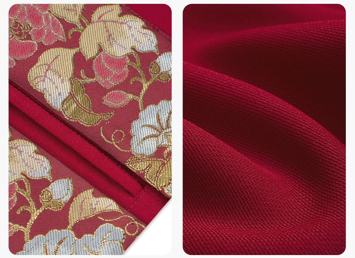 Side-by-side fabric texture and floral embroidery detail of [Dan Que Acacia] New Chinese Style Red Wedding Dress.