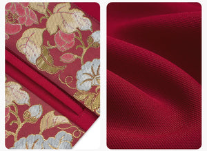 Side-by-side fabric texture and floral embroidery detail of [Dan Que Acacia] New Chinese Style Red Wedding Dress.