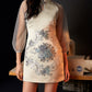 White Splicing sleeves slim-fitting split-ended jacquard short cheongsam skirt