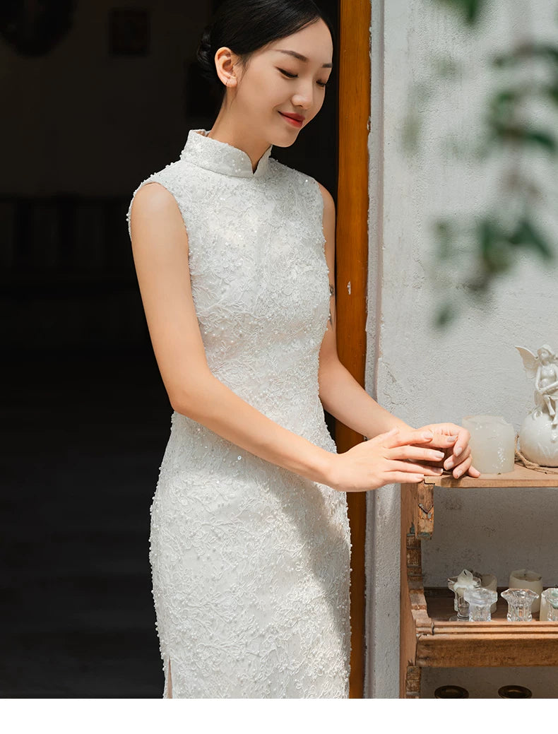 White Lace Cheongsam Wedding dress| Modified Sleeveless Qipao | Toast & Wedding Dress | Standard & Custom Made | XS–XL White Lace Cheongsam Wedding dress| Modified Sleeveless Qipao | Toast & Wedding Dress | Standard & Custom Made | XS–XL