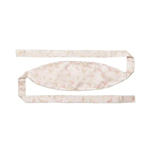 Flat-lay of a white brocade kimono belt seal with pink and green floral embroidery, showcasing its extended length and design.