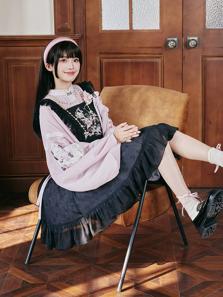 Sweet Rebel Cat – Modern Lolita Hanfu Women's Set | Mandarin Collar Long Robe with Sheer Overlay Skirt