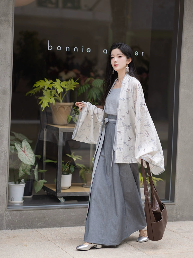 White Dew: Bamboo Shadows & Swallow Whispers – Jin-Style Hanfu Set | Tencel Pleated Robe with Rayon Camisole and Flowing Skirt