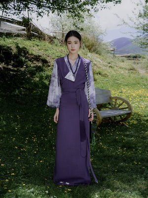 Smoke purple Xizang-inspired faux two-piece long dress in meadow setting