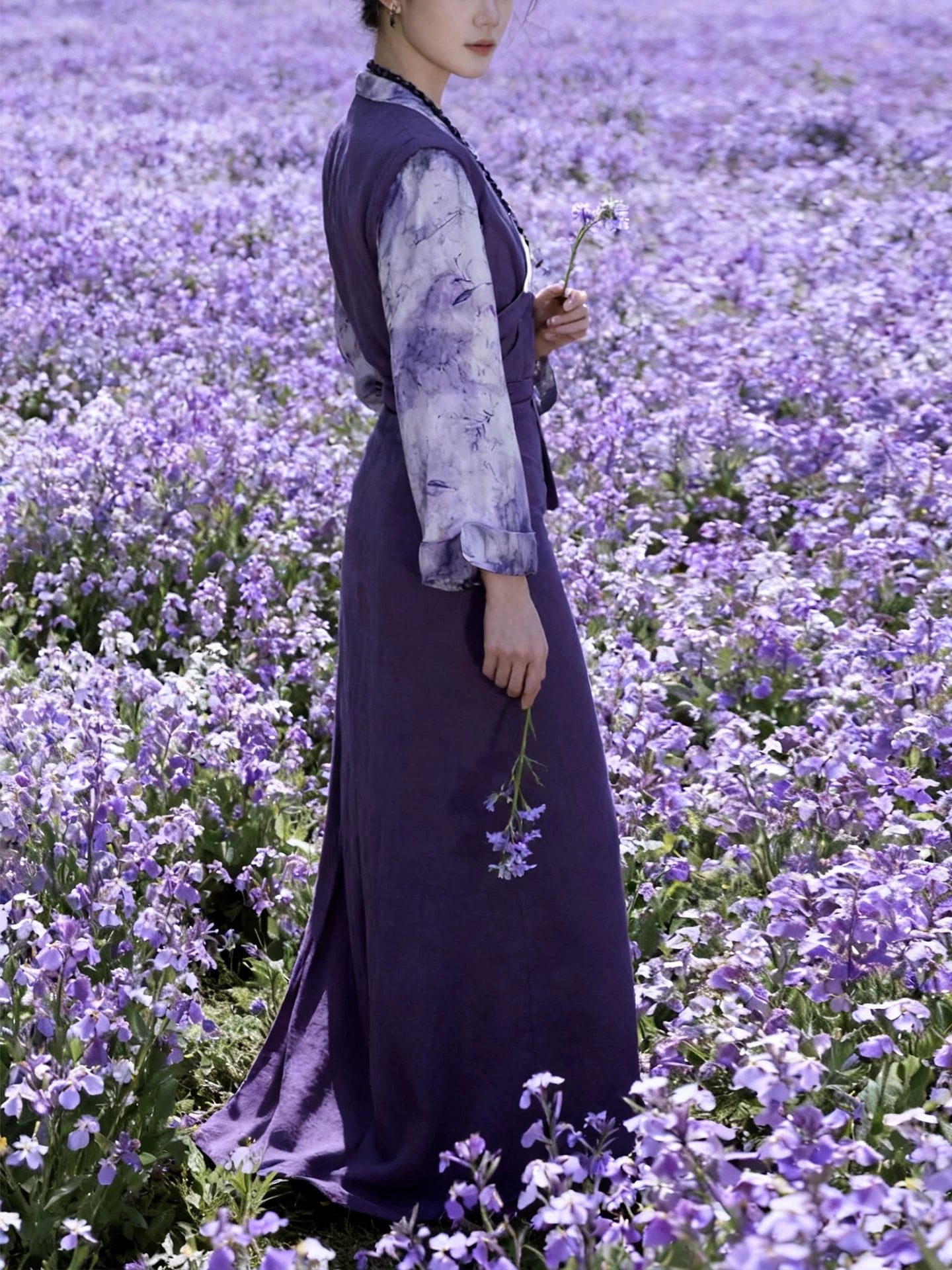 Xizang-inspired purple floral meadow dress full length photo