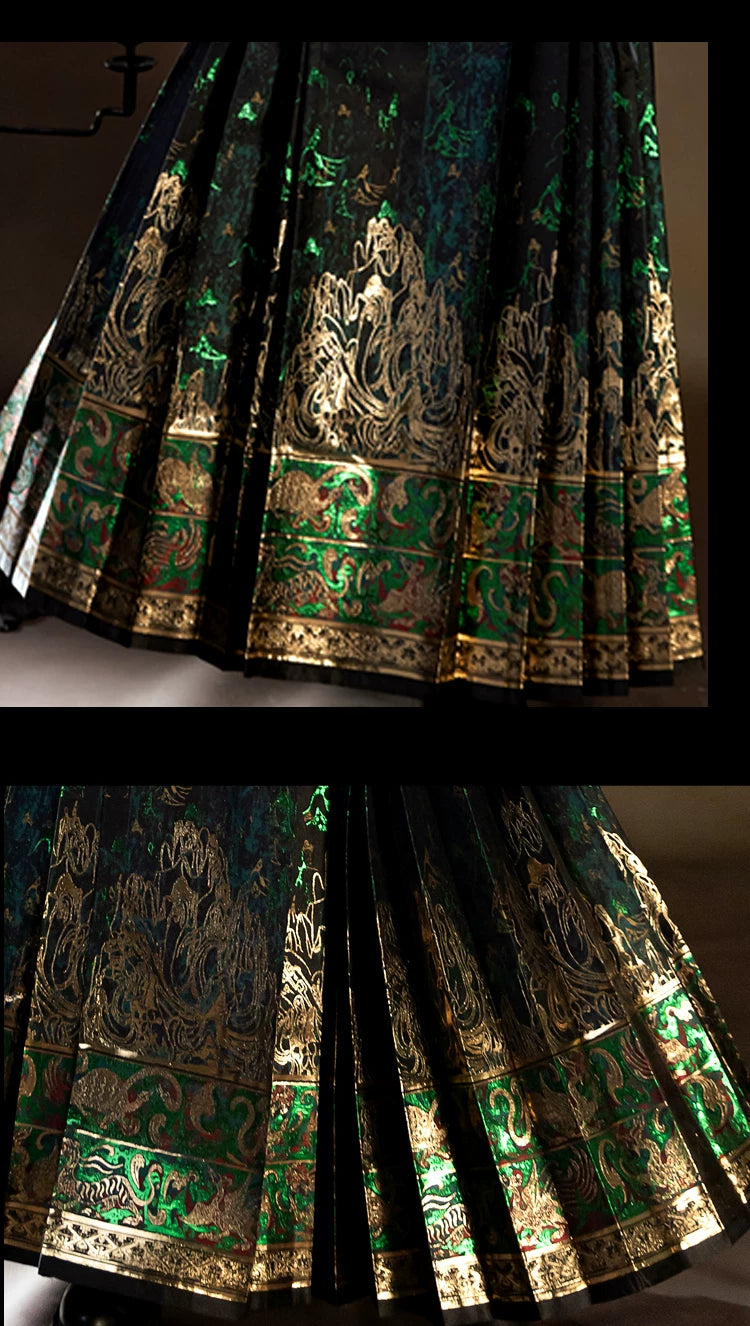 Gold-tone Four Divine Beasts woven motifs on the green skirt