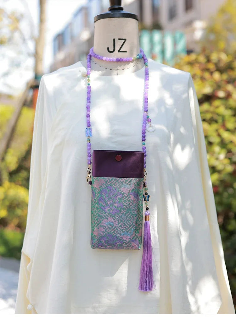Floral Motif Bag | Color-Block Canvas Crossbody with Beaded Strap - Yandan_Hanfu