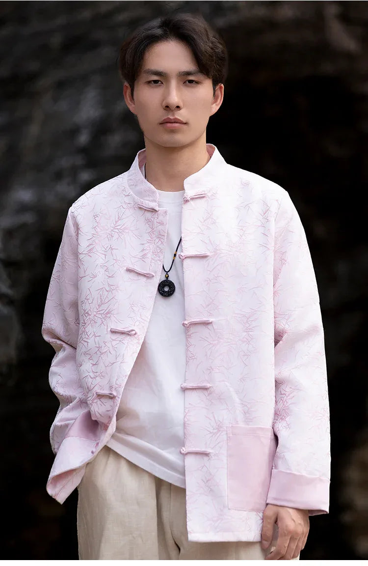 New Chinese style jacquard disc button top men's Tang suit pink / L