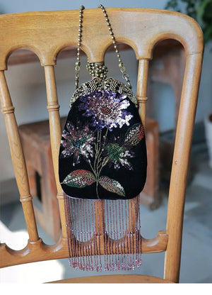 Embroidered Butterflies Black Bag | Canvas Crossbody with Beaded Chain - Yandan_Hanfu