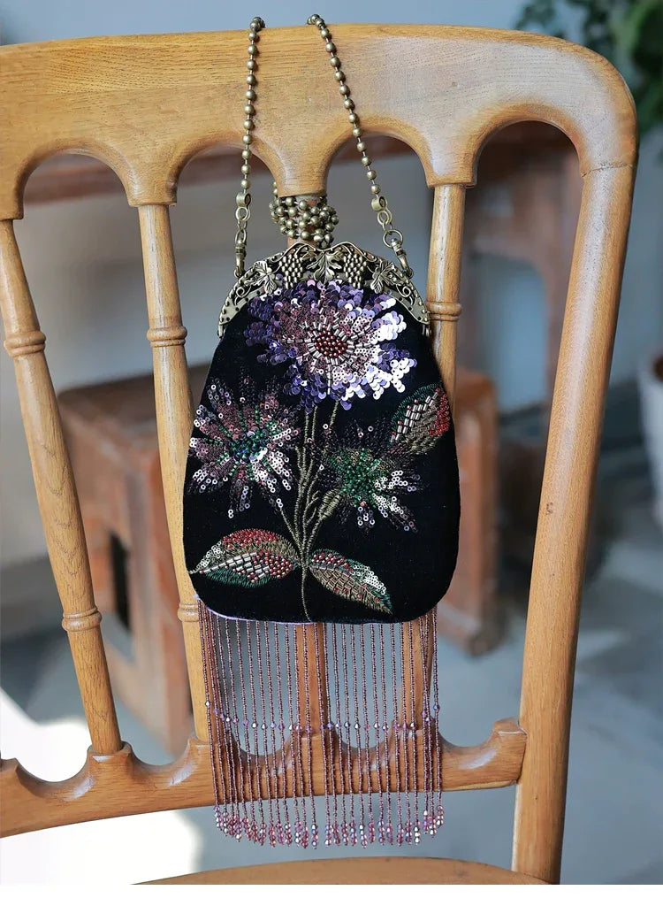 Embroidered Butterflies Black Bag | Canvas Crossbody with Beaded Chain - Yandan_Hanfu