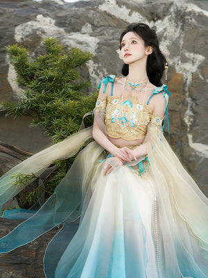Close-up of Yellow&Blue Fairy Hanfu for women showcasing intricate floral embroidery and soft flowing fabric, perfect for summer elegance.