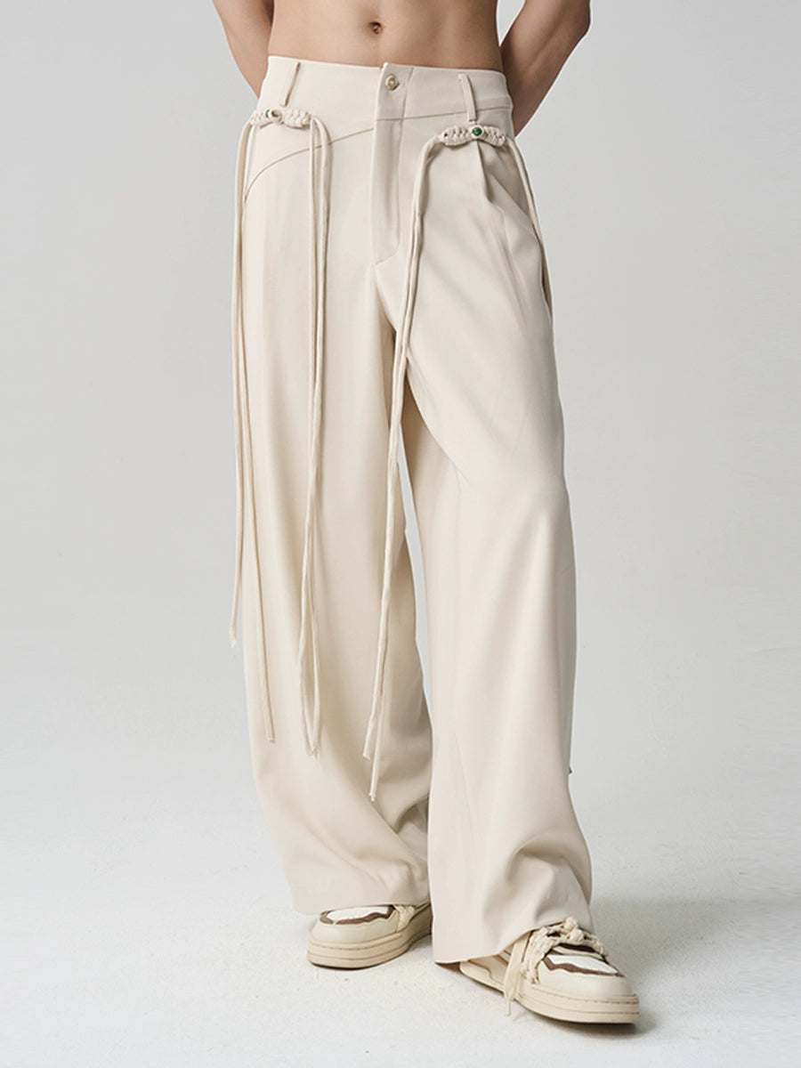 Tassel Embroidered Unisex Trousers – New Chinese Style with Knot Button Detail