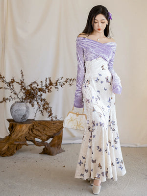 Velvet fishtail skirt with butterfly prints and a purple off-shoulder top, perfect for autumn and winter fashion.