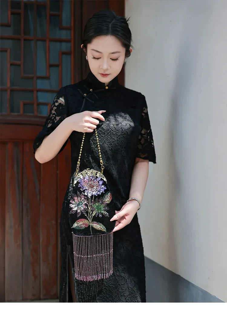 Embroidered Butterflies Black Bag | Canvas Crossbody with Beaded Chain - Yandan_Hanfu