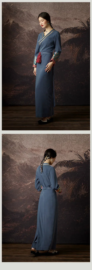 “Mist Blue” Brocade Dress — Refined Tibetan-Inspired Silhouette with Oriental Elegance - Yandan_Hanfu