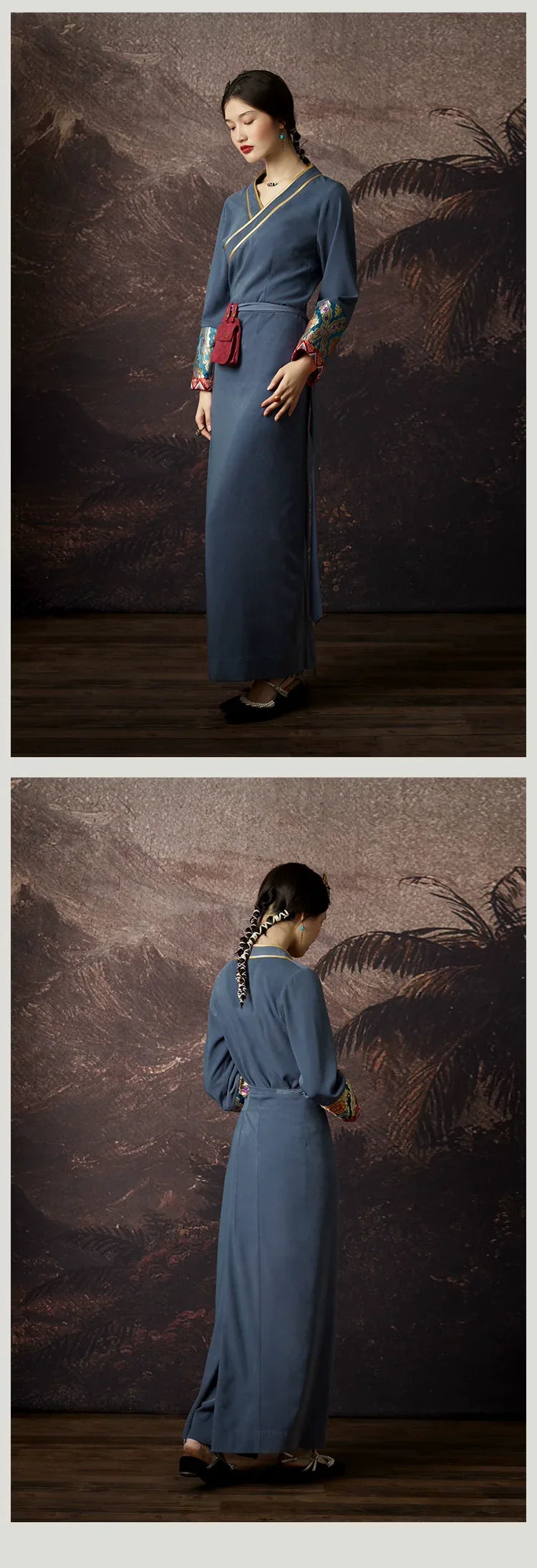 “Mist Blue” Brocade Dress — Refined Tibetan-Inspired Silhouette with Oriental Elegance - Yandan_Hanfu