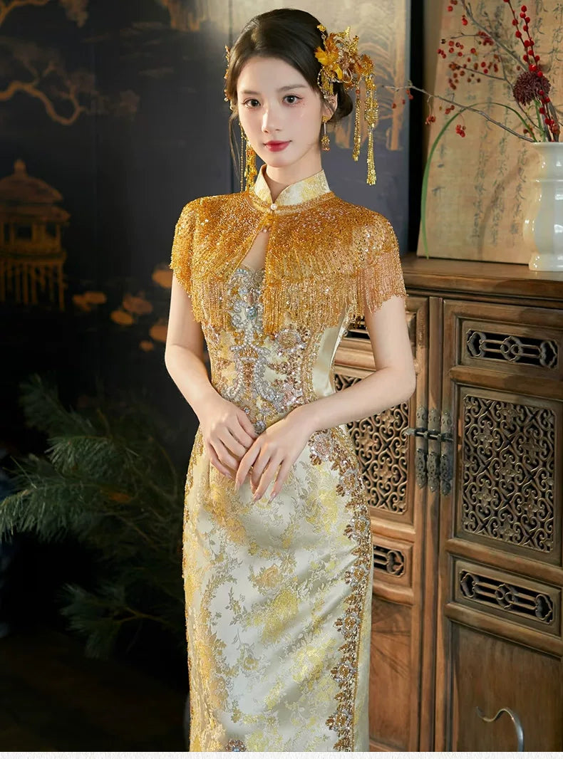 Gold Cheongsam Bridal Gown Toast Clothing Heavy Industry Bride Engagem Yandan_Hanfu Gold Cheongsam Bridal Gown Toast Clothing Heavy Industry Bride Engagem Yandan_Hanfu