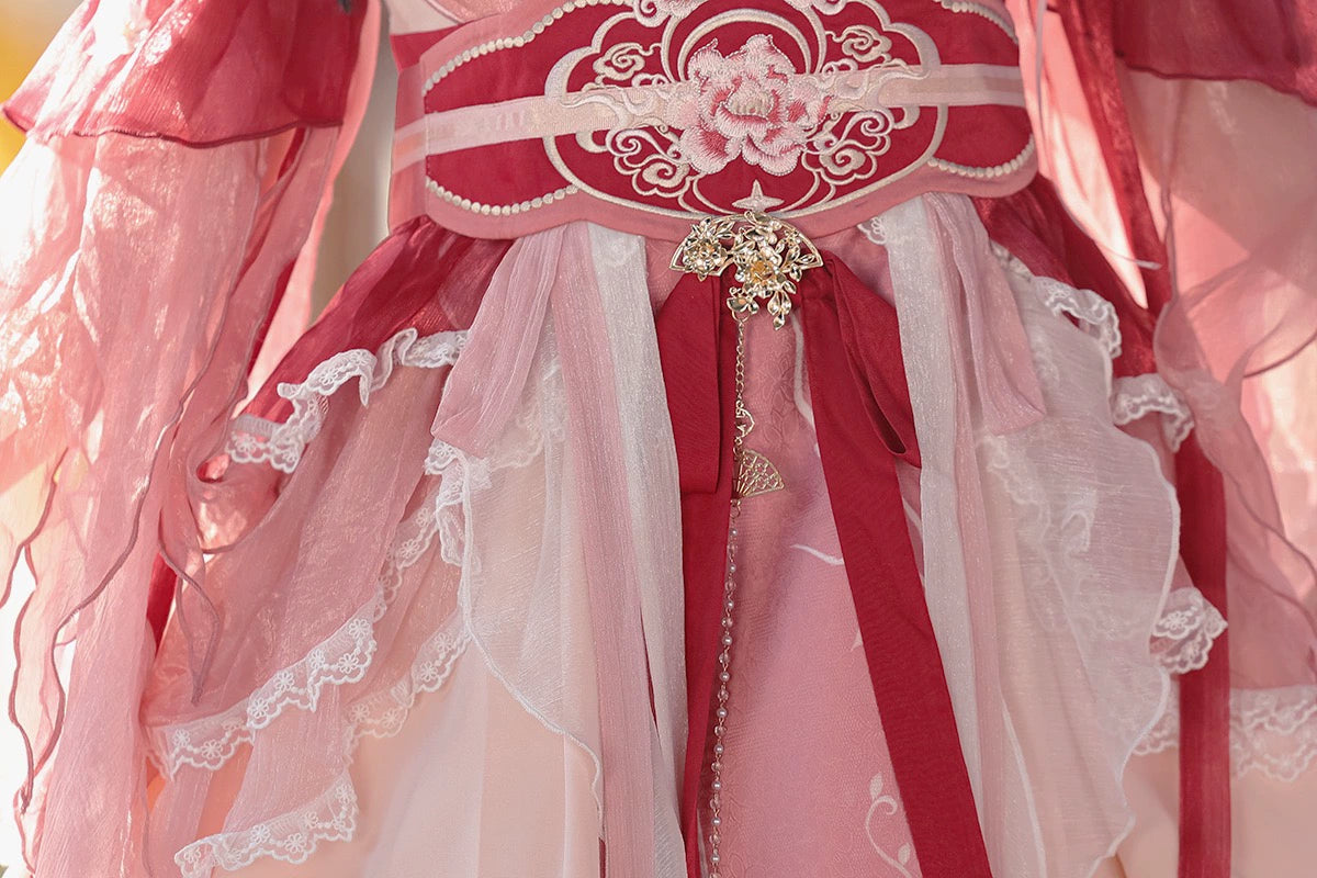 Close-up of layered skirt and waist seal on Red Hanfu Dress New Chinese Feather Rust Waist Seal Suspender Skirt with lace and ribbon.