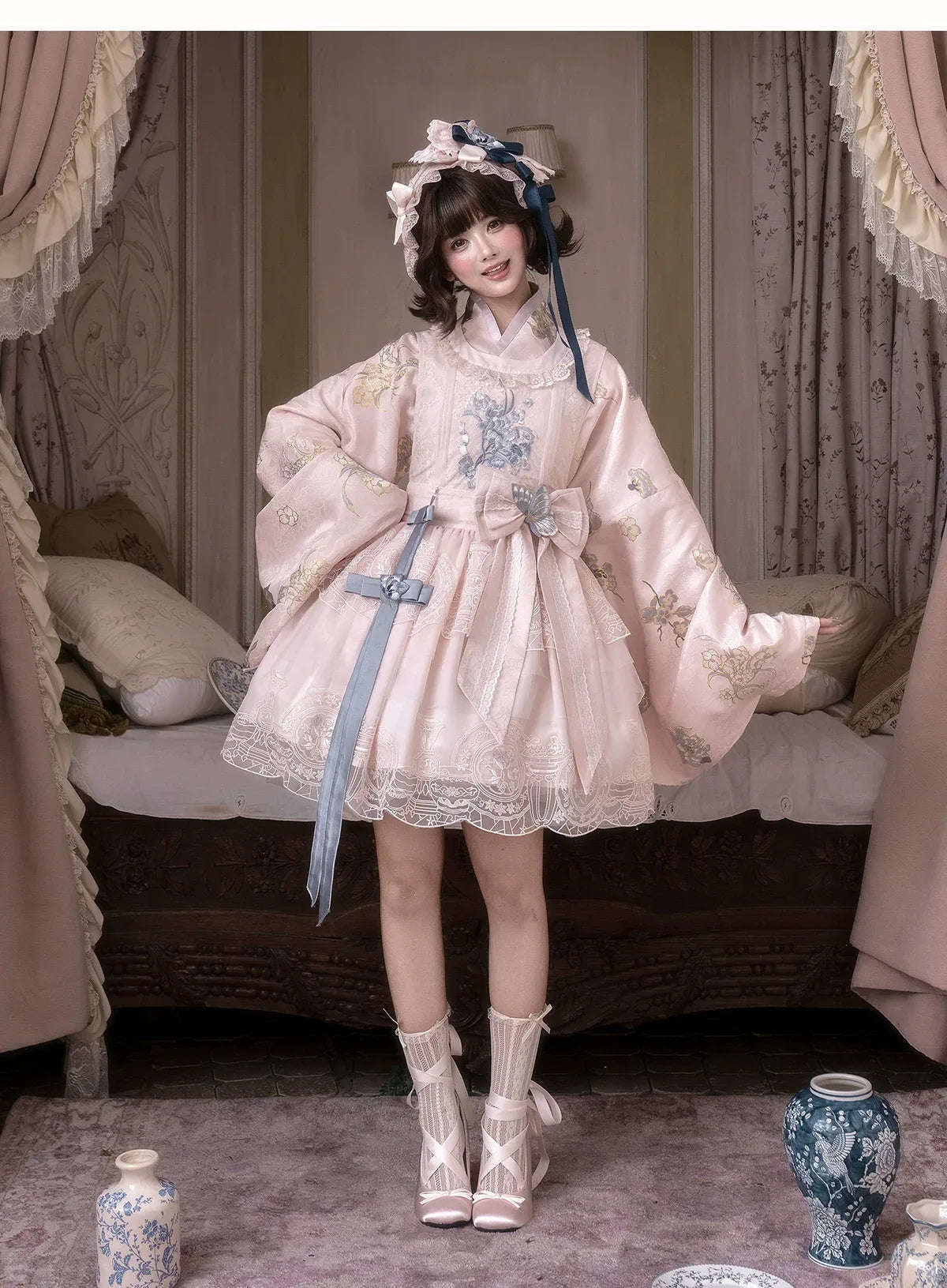 East-Meets-West Pink Two-Piece Set | Romance Embroidered Hanfu Blouse & Over Skirt - Yandan_Hanfu