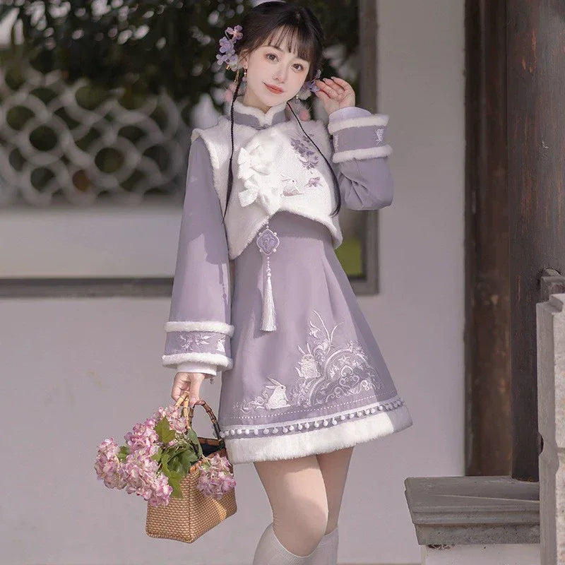 Ziyun Rabbit Original Hanfu Women's Improvement Daily Han Element National Style Dress Cheongsam Vest Chinese New Year Set Autumn and Winter Purple Ziyun Rabbit Original Hanfu Women's Improvement Daily Han Element National Style Dress Cheongsam Vest Chinese New Year Set Autumn and Winter Purple