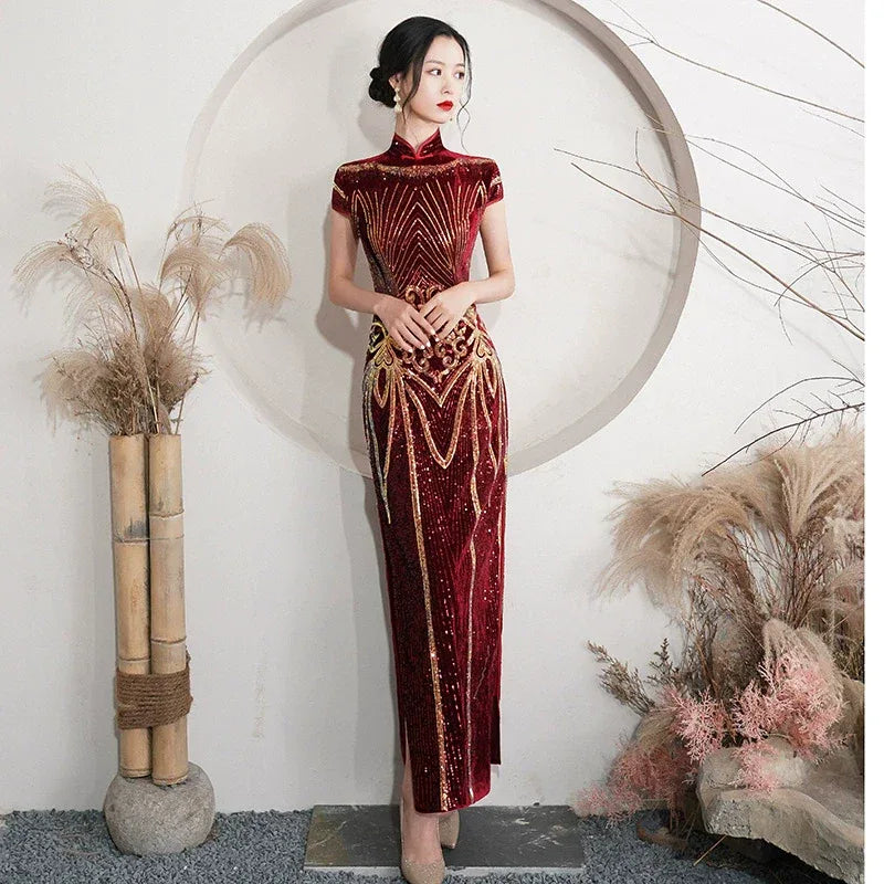 Floral pattern, long jacquard silk-satin cheongsam - Yandan_Hanfu