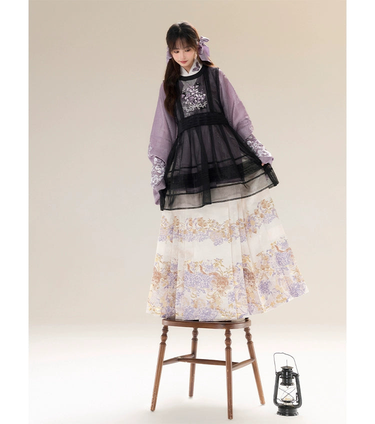 [Flower Mist] Pipa Sleeve Crossneck Shirt Ming Hanfu Women's Black Skirt Horse Skirt Set