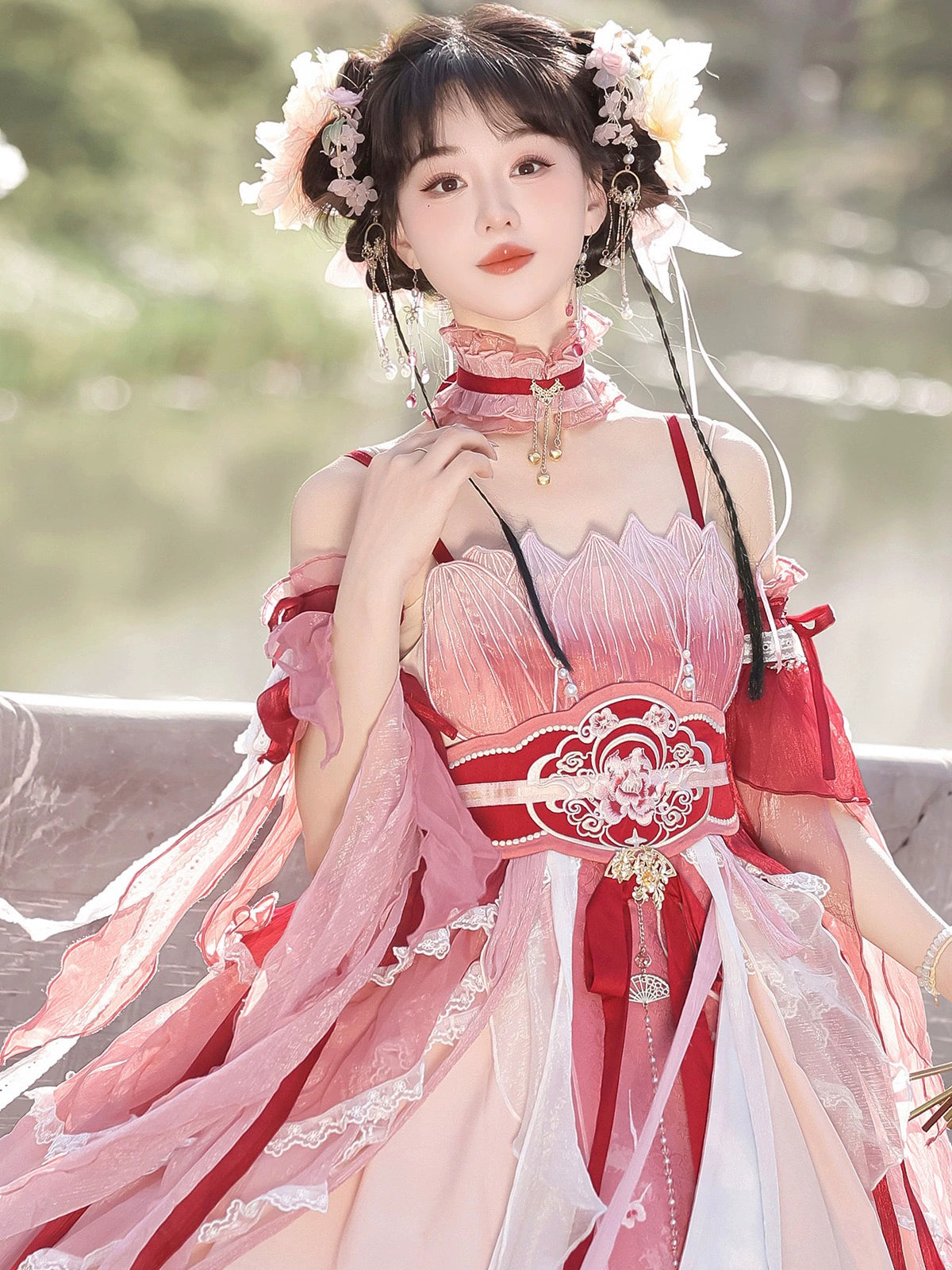 Close-up of model in Red Hanfu Dress New Chinese Feather Rust Waist Seal Suspender Skirt showing petal neckline and pearl accents.