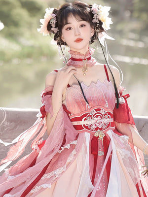 Close-up of model in Red Hanfu Dress New Chinese Feather Rust Waist Seal Suspender Skirt showing petal neckline and pearl accents.