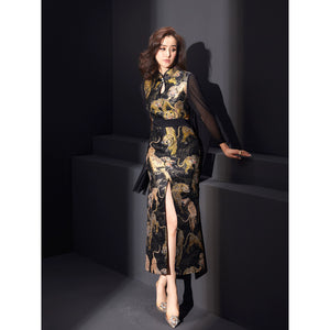 Classic cheongsam with tiger jacquard design and elegant satin finish.